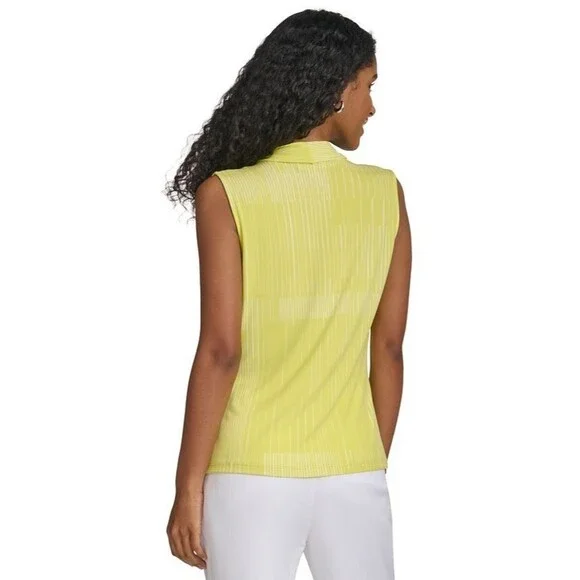 Calvin Klein Women's Pleated Geometric striped V-Neck Top Lime & White M - Picture 4 of 8